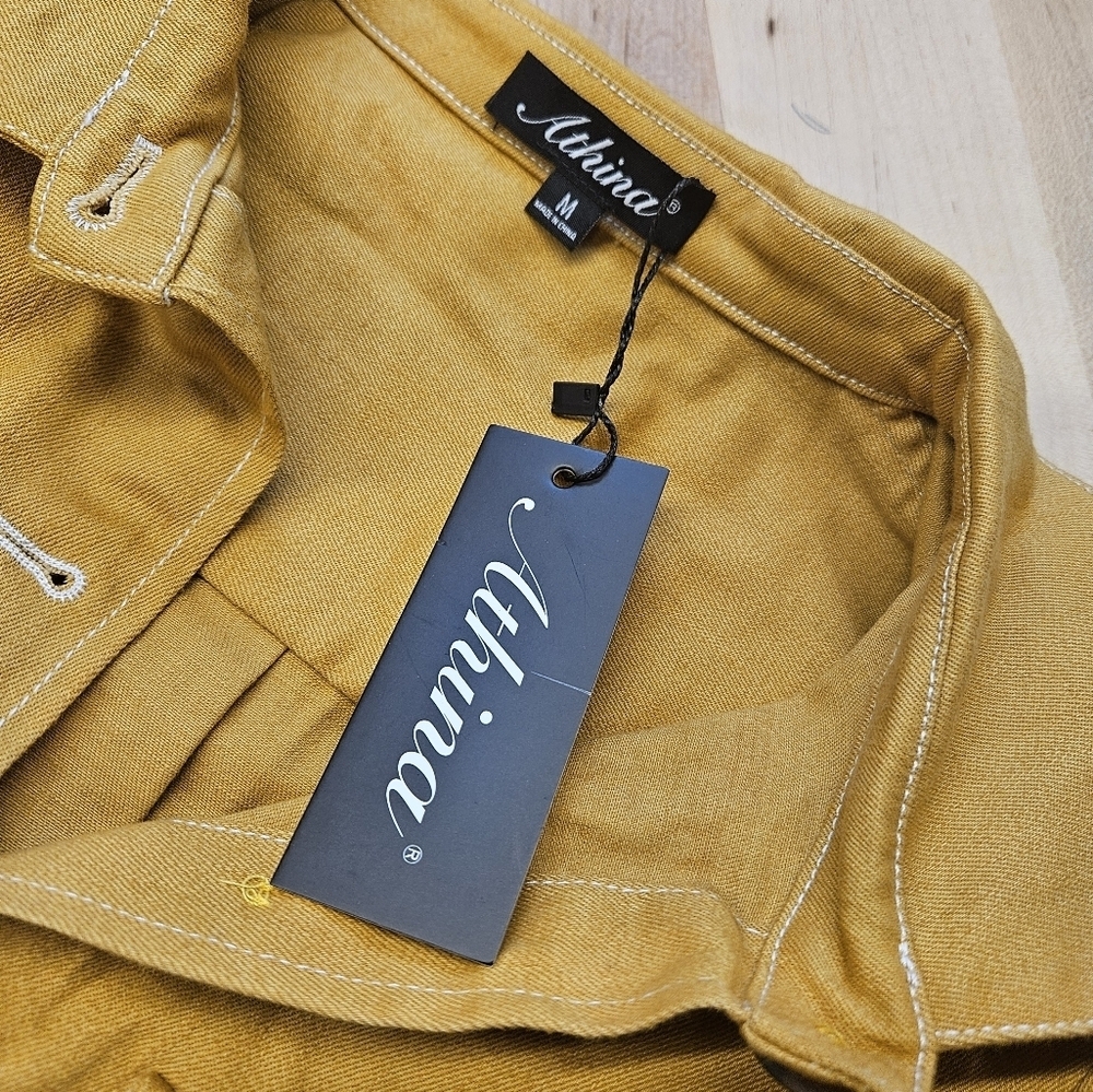 Athina Dress Shirtdress NWT Utility Buttoned Belted Mustard Mini Size Medium - Picture 6 of 8
